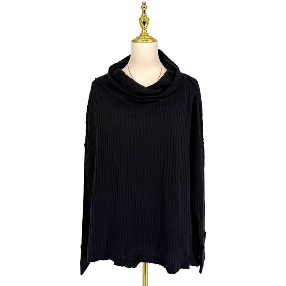 Free People Waffle Knit Long Sleeve Top MEDIUM Open Back Oversized Juicy Black - Picture 6 of 13